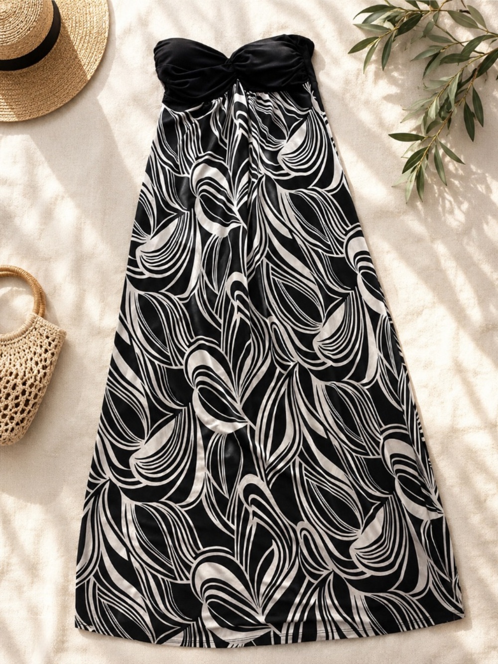 Strapless Black & White Abstract Print Maxi Dress